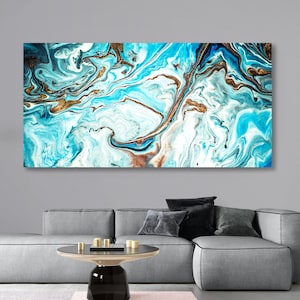 Abstract Blue and gold Wall Fluid Art  Marble Painting. Modern Abstract Art Living Room Decor. Canvas and poster. CANVAS READY to Hang.
