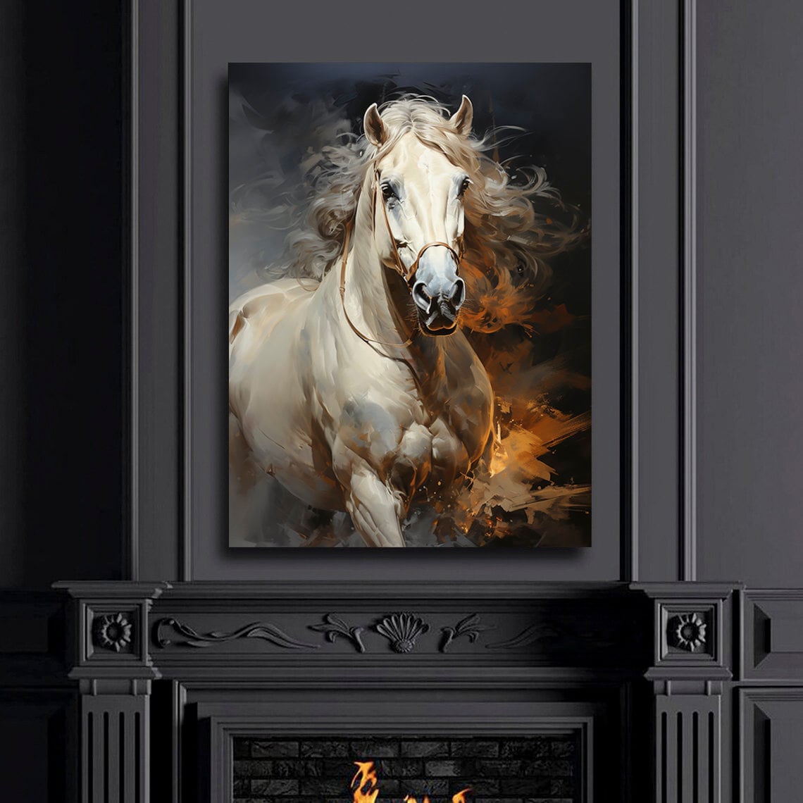 Beautiful White Horse on Canvas. Print on Natural Canvas Horse Wall Art