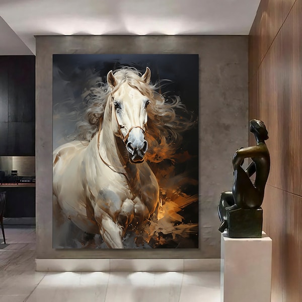 Beau cheval blanc sur toile. Impression sur toile naturelle Cheval | Toile ou poster d'art mural. Haute qualité