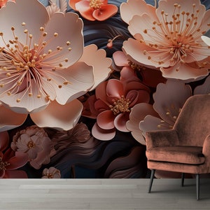 Carta da parati con fiori dall'aspetto 3D per soggiorno-fiori estetici Decorazioni per la casa murali-estetiche a tema