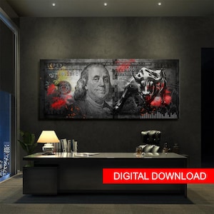 100 dollar bill with Benjamin Franklin on Wall Street style. Wall Art Canvas. Printable  Digital, Download for print