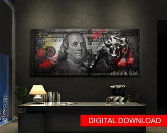 100 dollar bill with Benjamin Franklin on Wall Street style. Wall Art Canvas. Printable  Digital, Download for print
