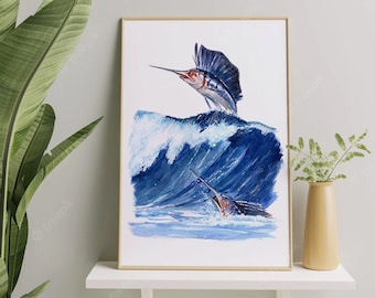 Sailfish Original Watercolour Painting Wildlife Art Original Art Original Hand Signed Wall Art Original Painting Animal Sea Swordfish Waves