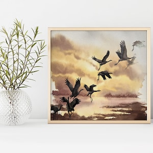 Gru comuni che migrano, Paesaggio della fauna selvatica, Arte della fauna selvatica, Stampa dall'originale, Pittura ad acquerello, Arte dell'acquerello, Animali selvatici, Arte animale