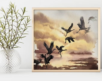 Common Cranes Migrating, Wildlife Landscape, Wildlife Art, Print from Original, Watercolor Painting, Watercolor Art, Wild Animal, Animal Art