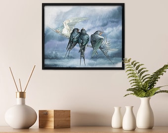 Swallows in the Rain, Bird, Birds, Swallow, Wildlife Landscape, Wildlife Art, Print from Original, Watercolor Painting, Watercolor Art