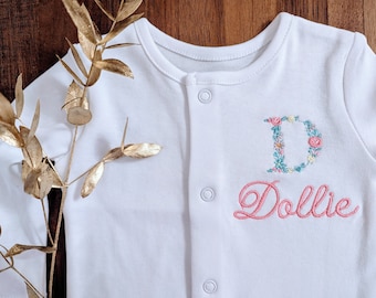 New personalized embroidered baby white sleepsuit with a floral monogram letter and name any size