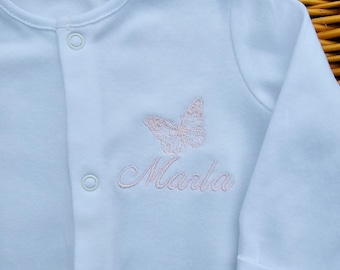 New personalized embroidered baby white sleepsuit with a butterfly any size and colour