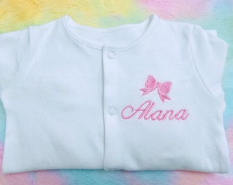 New personalized embroidered baby white sleepsuit with a bow any size and colour