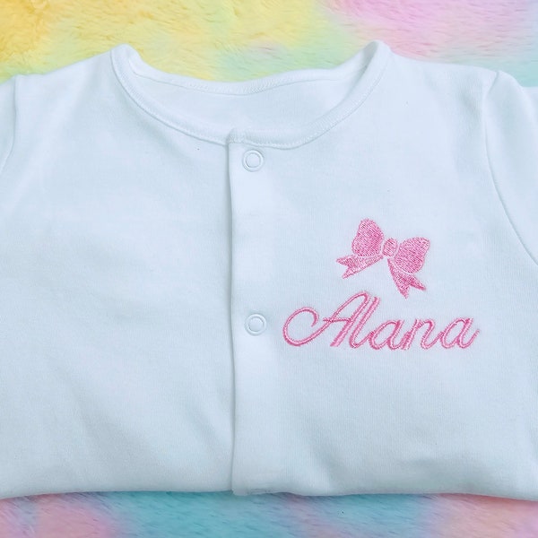 New personalized embroidered baby white sleepsuit with a bow any size and colour