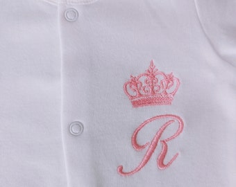 New personalized embroidered baby white sleepsuit 100% cotton initial & crown any colour any size