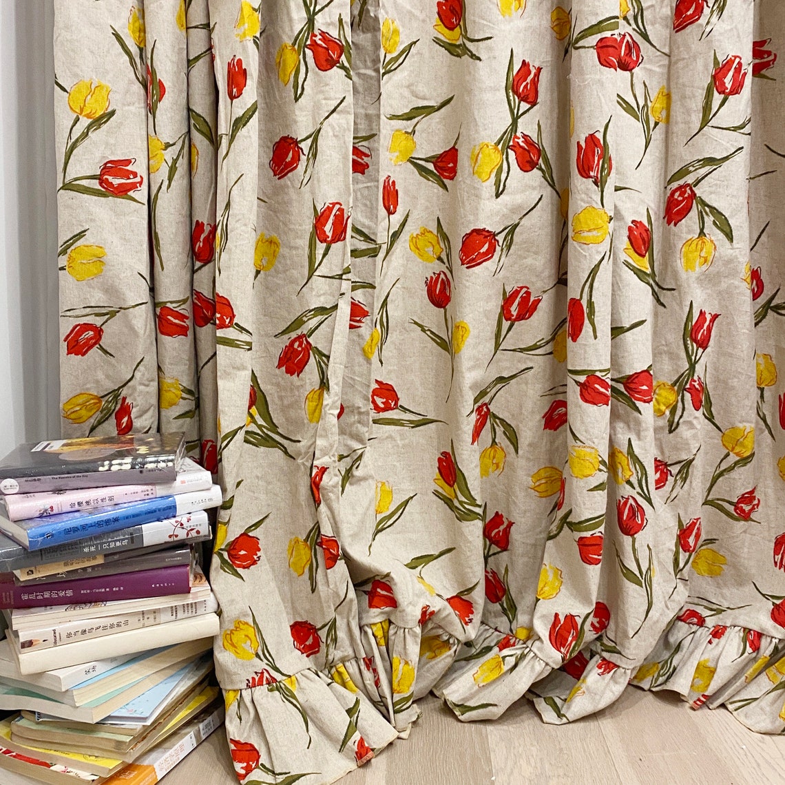 Pair of Floral Curtains With Ruffles 55 Linen45 Cotton Etsy