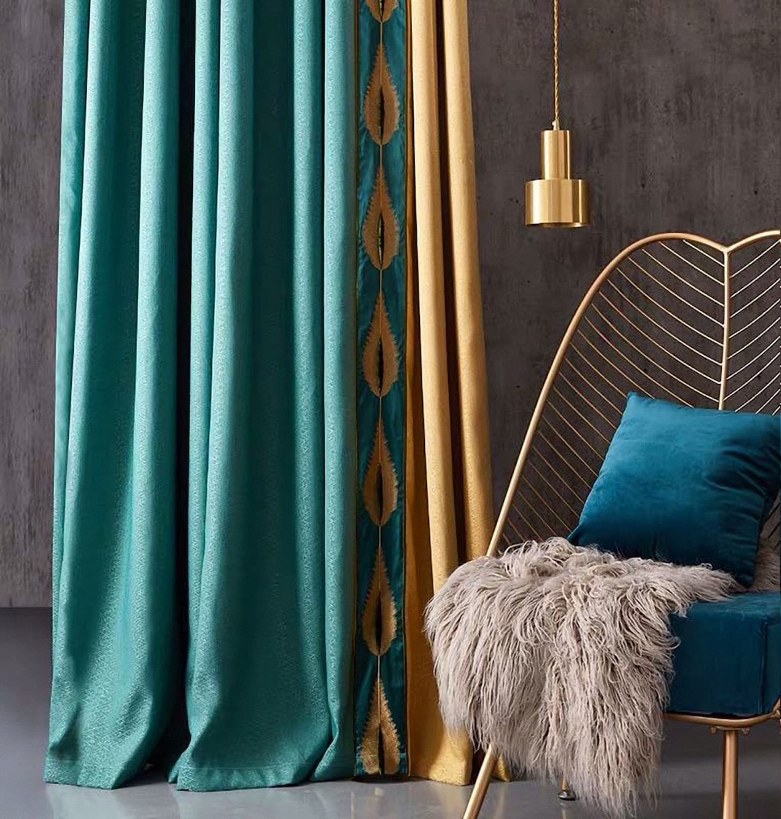 Pair of Teal/Gold Velvet Window Curtains Bedroom & Living Etsy