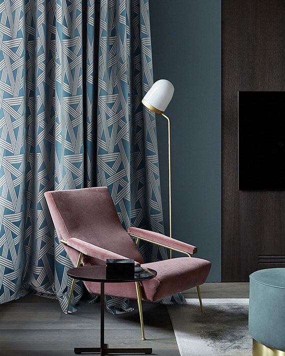 Gray Blue Green Beige Pair Of Luxury Jacquard Geometric Australia Beige Pair Of Luxury Jacquard Geometric, Blue And Gray Geometric Curtains