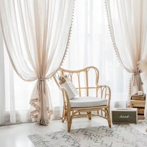 Pair Of White Beige Sheer Panelscotton Blend Voile Curtain Pair Of White Beige Sheer Panelscotton, Beige Sheer Curtain Panels