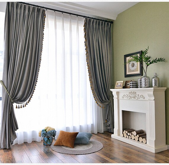 Pair Of Luxury Velvet Window Curtains With Pompom Or Tassels Etsy