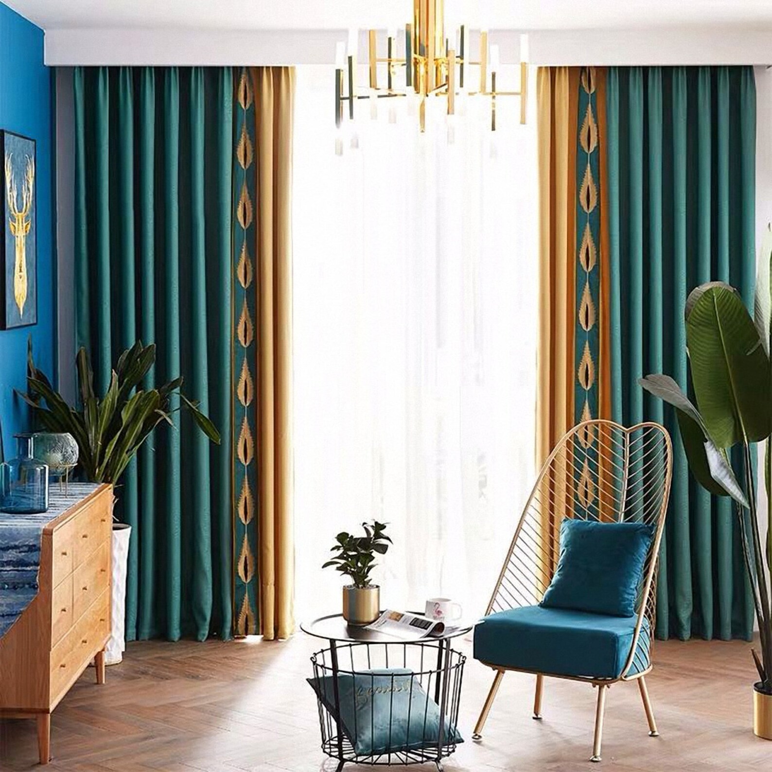 Pair of Teal/Gold Velvet Window Curtains Bedroom & Living Etsy