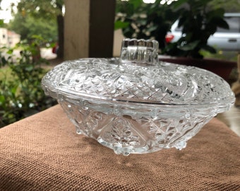 Vintage KIG Indonesia "KI25: Roses in Hearts" Pattern Clear Glass 7" Footed Candy Box Dish with Lid