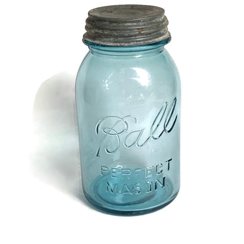 Antique 1920s Ball Blue Embossed Glass Ball Perfect Mason Canning