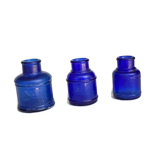 Choose One (1) Assorted Antique Cobalt Blue Round Barrel/Spool Style Glass Ink Bottle Early 1900s Pontil Scar