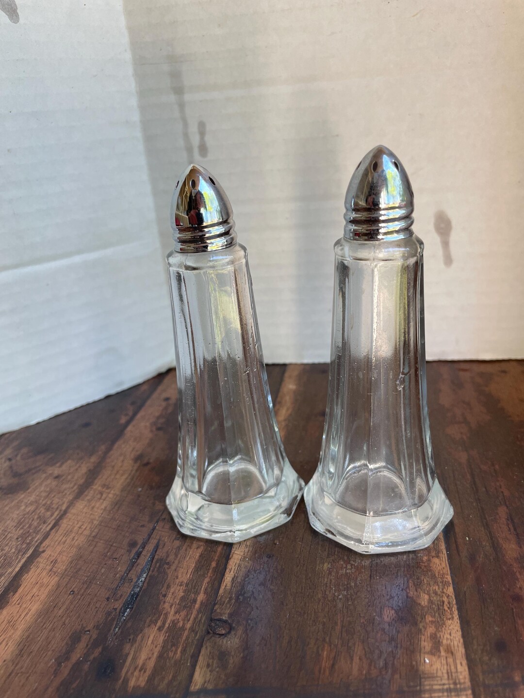 Vintage Mid Century Clear Glass Salt and Pepper Shakers Pair
