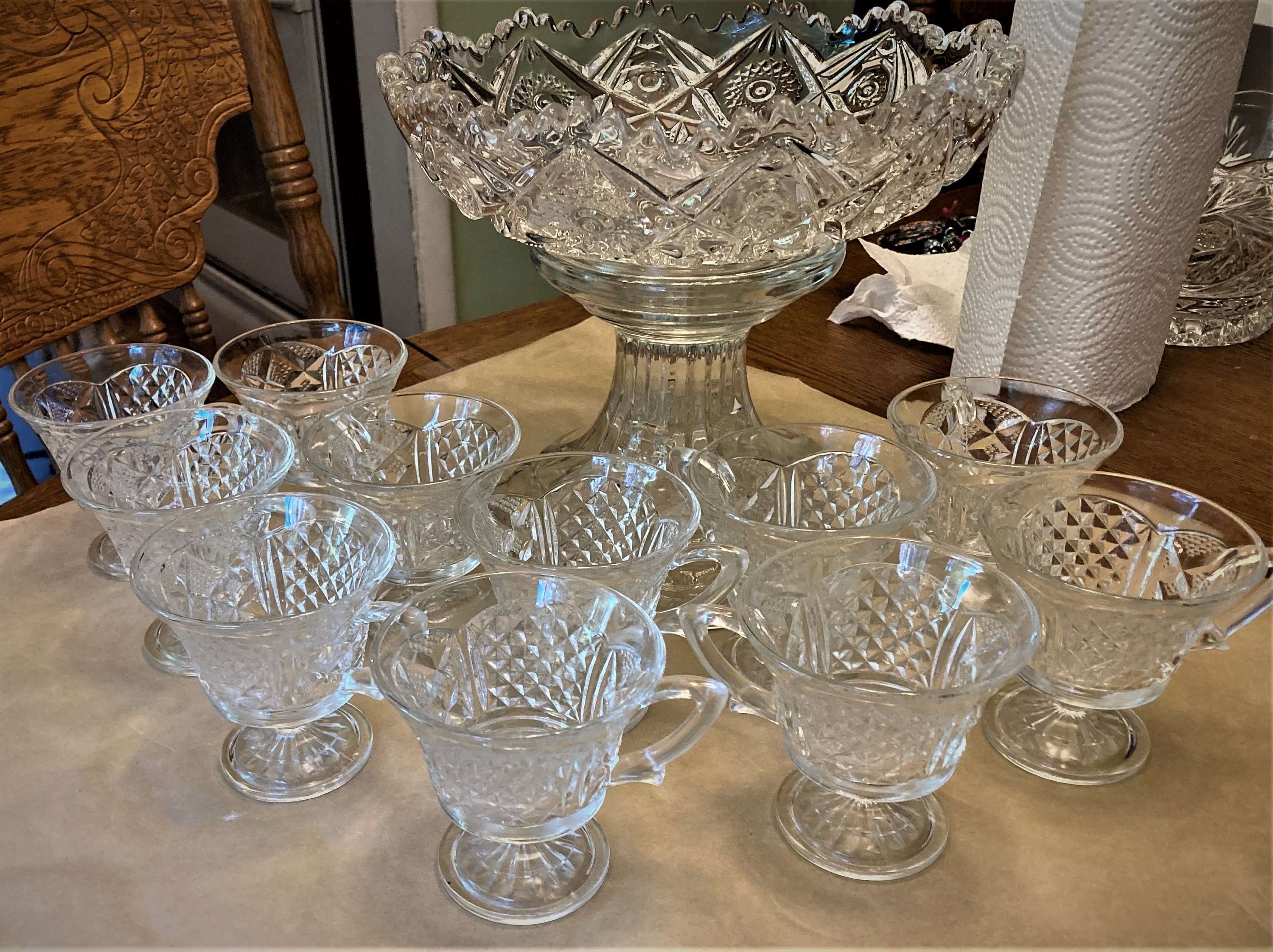 Vintage Colony Glass "Baroque" Clear Footed Punch Bowl Cups or Colony "Baroque" Punch Bowl Stand