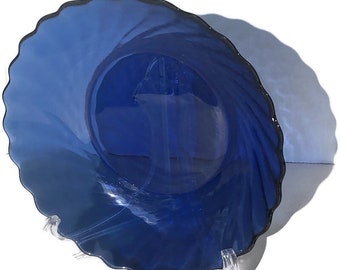 Vintage Cobalt Blue Swirl Optic Glass Bowl Arcoroc Ocean Saphir 8" Coupe Soup Bowl Made In France