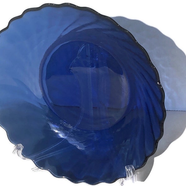 Vintage Cobalt Blue Swirl Optic Glass Bowl Arcoroc Ocean Saphir 8" Coupe Soup Bowl Made In France