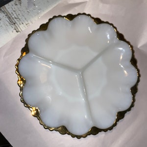 Vintage Anchor Hocking Fire King Mid Century Gold Trim Milk Glass Divided Dish 3-Part Relish Tray Excellent Condition