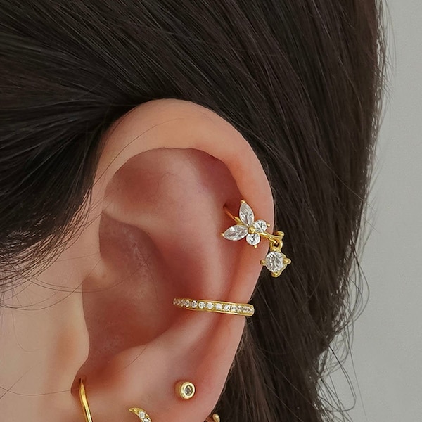 バタフライフープイヤリング - 軟骨フープイヤリング - CZダングルチャームフープ - CZイヤリング - ミニマリストイヤリング - タイニーフープイヤリング