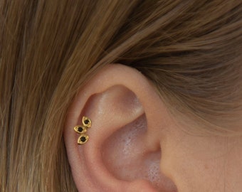 Three Onyx Stud Earring - Sterling Silver Stud Earring - Dainty Onyx Stud Earring - Daily Stud Earring
