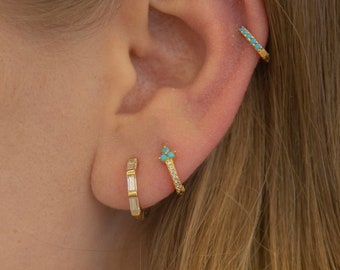 Turquoise Gold Filled Hoops Large Turquoise Studded Front Facing Hoop Earrings Artisan Designed and Handmade