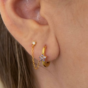 CZ Chain Earring - Dainty Stud Earring - Sterling Silver chain earring