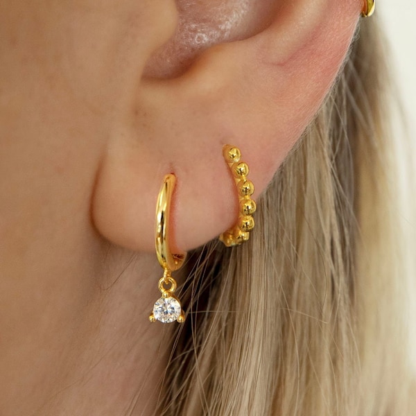 Cz dangle charm hoops - Cz earrings - Minimalist earrings - Tiny Hoop Earrings - Thin hoops - Huggie hoops - Gold hoops