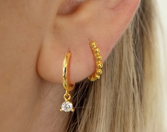 Cz dangle charm hoops - Cz earrings - Minimalist earrings - Tiny Hoop Earrings - Thin hoops - Huggie hoops - Gold hoops