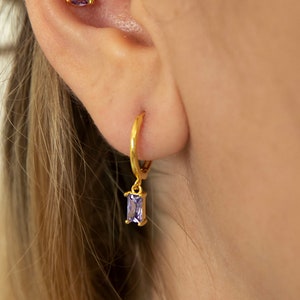 Lilac Dangle baguette hoops - Emerald baguette hoops - Huggie Hoops Earring - Sterling Silver Hoop Earrings - Dainty Minimalist earring