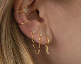 Two studs chain earring - Cz chain earrings - Dainty chain stud earrings - Perfect Daily earring