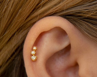 Triple Stones Climber Stud Earrings -Tiny Climber Stud Earrings - Cz Stud Earrings - Tiny dainty earrings - Tiny gold studs