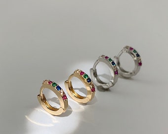 Rainbow cz tiny hoops - Multicolored cz tiny hoop - Minimalist Huggie hoop earrings - Dainty hoop earrings