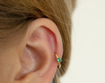 Emerald Hoop - Helix Hoop Earrings - Sterling Silver Earring - Tiny Hoop Earring - Cz Hoop Earring - Cartilage Hoop