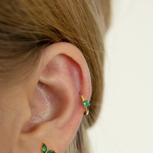 Emerald Hoop - Helix Hoop Earrings - Sterling Silver Earring - Tiny Hoop Earring - Cz Hoop Earring - Cartilage Hoop