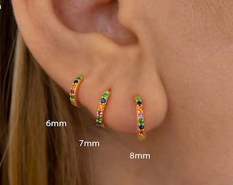 Rainbow cz hoops - Multicolored cz tiny hoop - Minimalist hoop - Huggie hoop earrings - Dainty earrings -hoop earrings -Huggie earrings