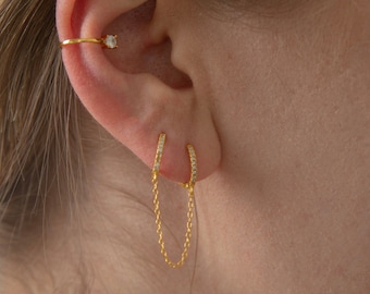 Cz huggie hoop - Double hoop earring with chain - Chain hoop - Chain hoop earrings -Hoop earring - Chain earrings -Silver hoop - huggie hoop