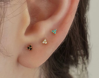 Triangle turquoise stud earrings - Three cz stud earrings - Tiny gold studs - Silver tiny studs - Minimalist stud earrings - Stud earrings