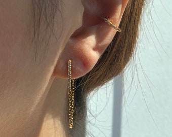 Bar Chain Earring - Dainty Stud Chain Earring - Sterling Silver Stud Earring