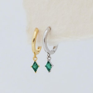 Emerald Dangle Huggie Hoop - Emerald earring - Minimalist earring - Tiny Hoop Earring - Thin hoop - Huggie hoop - Gold hoop
