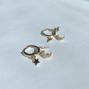Star & Moon Huggie - Sterling Silver Hoop Earring