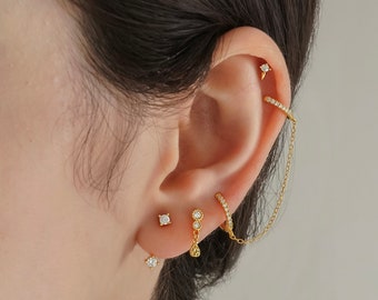 Double hoop earring with chain - Cz huggie hoop - Chain hoop - Chain hoop earrings -Hoop earring - Chain earrings -Silver hoop - huggie hoop