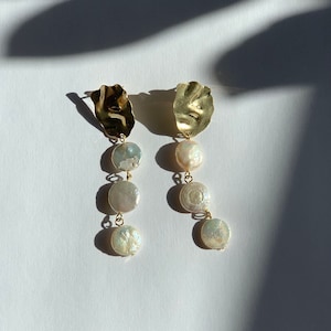Three  freshwater pearl drop earrings - real freshwater Baroque pearls earrings - unique pearls earrings - handmade earrings - Long drop