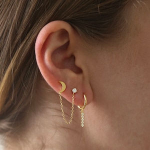 Moon & Cz Stud Earring - CZ Chain Earring - Minimalist Stud Earring